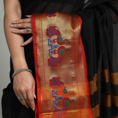 Black - Mercerised Cotton Paithani Zari Border Dharwad Saree 24