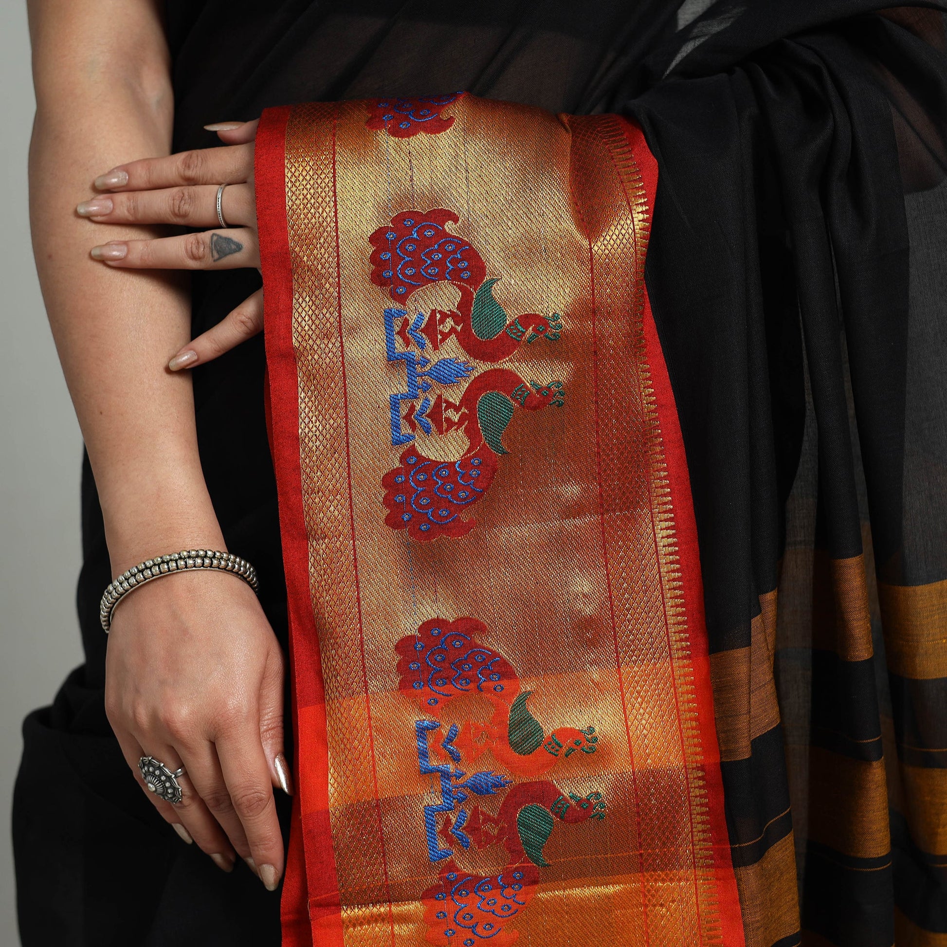 Black - Mercerised Cotton Paithani Zari Border Dharwad Saree 24