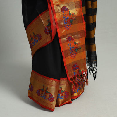 Black - Mercerised Cotton Paithani Zari Border Dharwad Saree 24