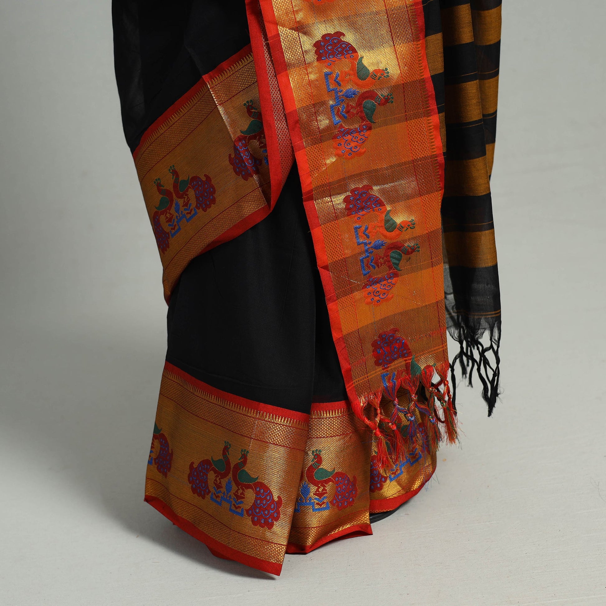 Black - Mercerised Cotton Paithani Zari Border Dharwad Saree 24