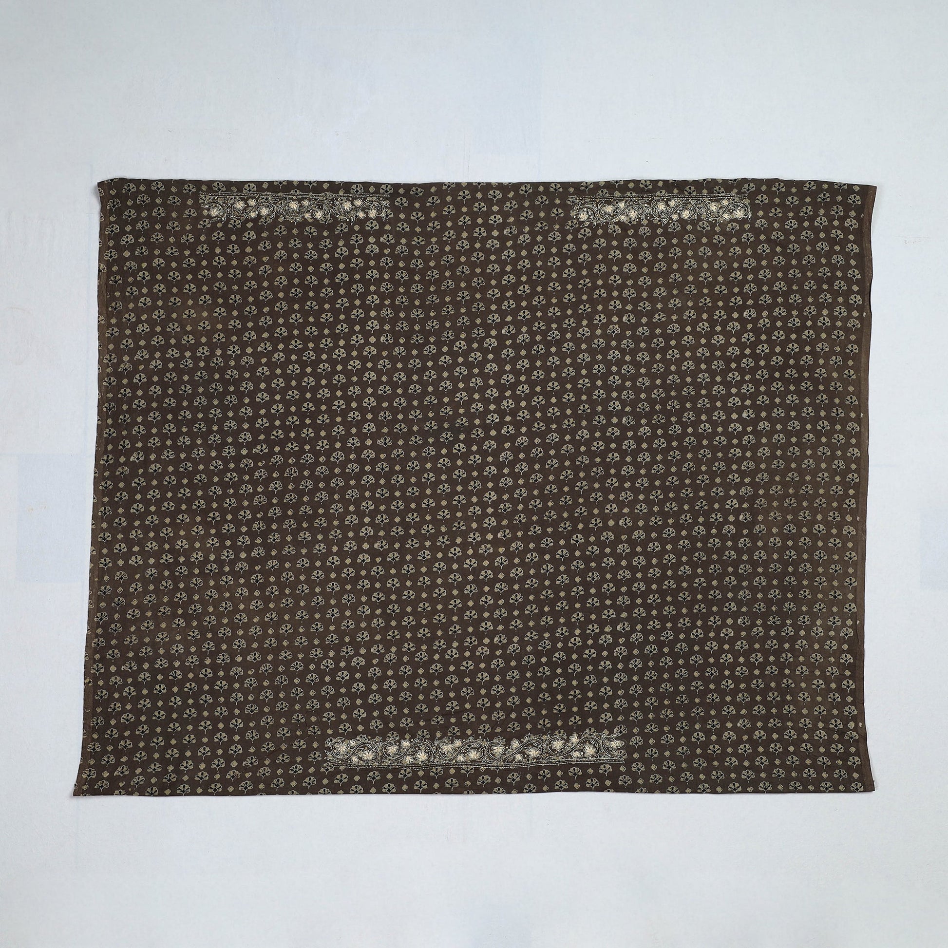 Brown - Ajrakh Block Printed Thread & Bead Work Hand Embroidery Cotton Blouse Piece