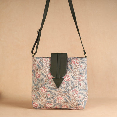 Beige - Handcrafted Sanganeri Printed Leather Sling Bag