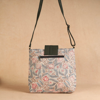 Beige - Handcrafted Sanganeri Printed Leather Sling Bag