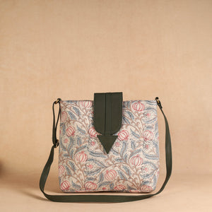 Beige - Handcrafted Sanganeri Printed Leather Sling Bag