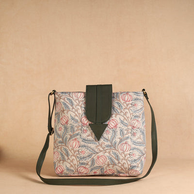 Beige - Handcrafted Sanganeri Printed Leather Sling Bag