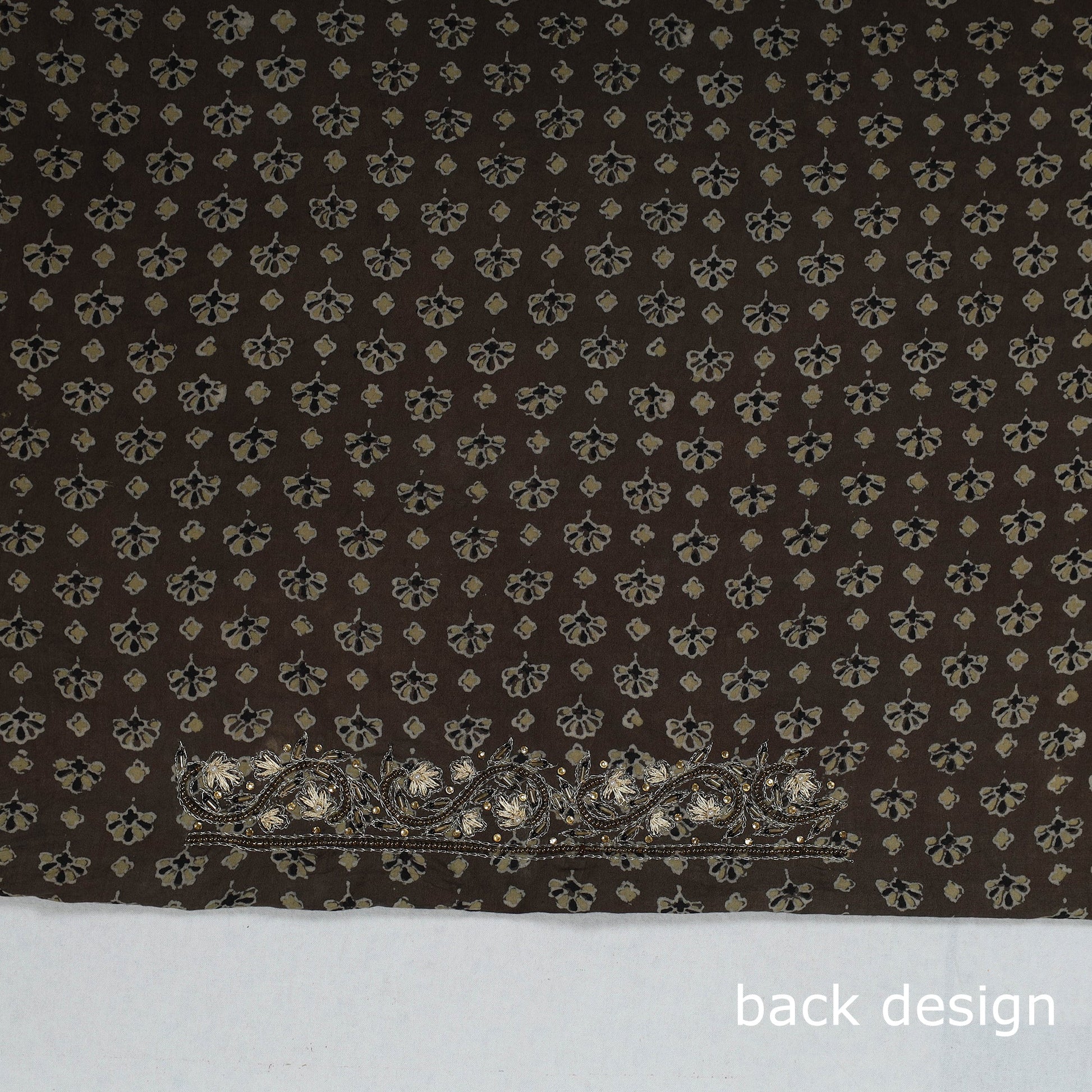 Brown - Ajrakh Block Printed Thread & Bead Work Hand Embroidery Cotton Blouse Piece
