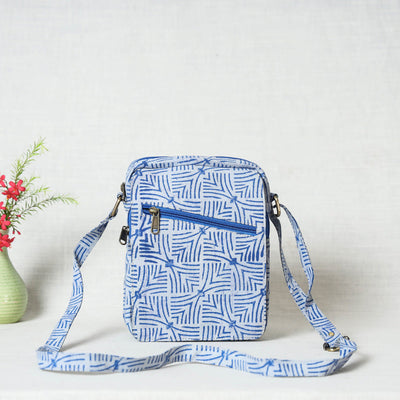 Blue - Double Pocket Block Print Fabric Sling Bag
