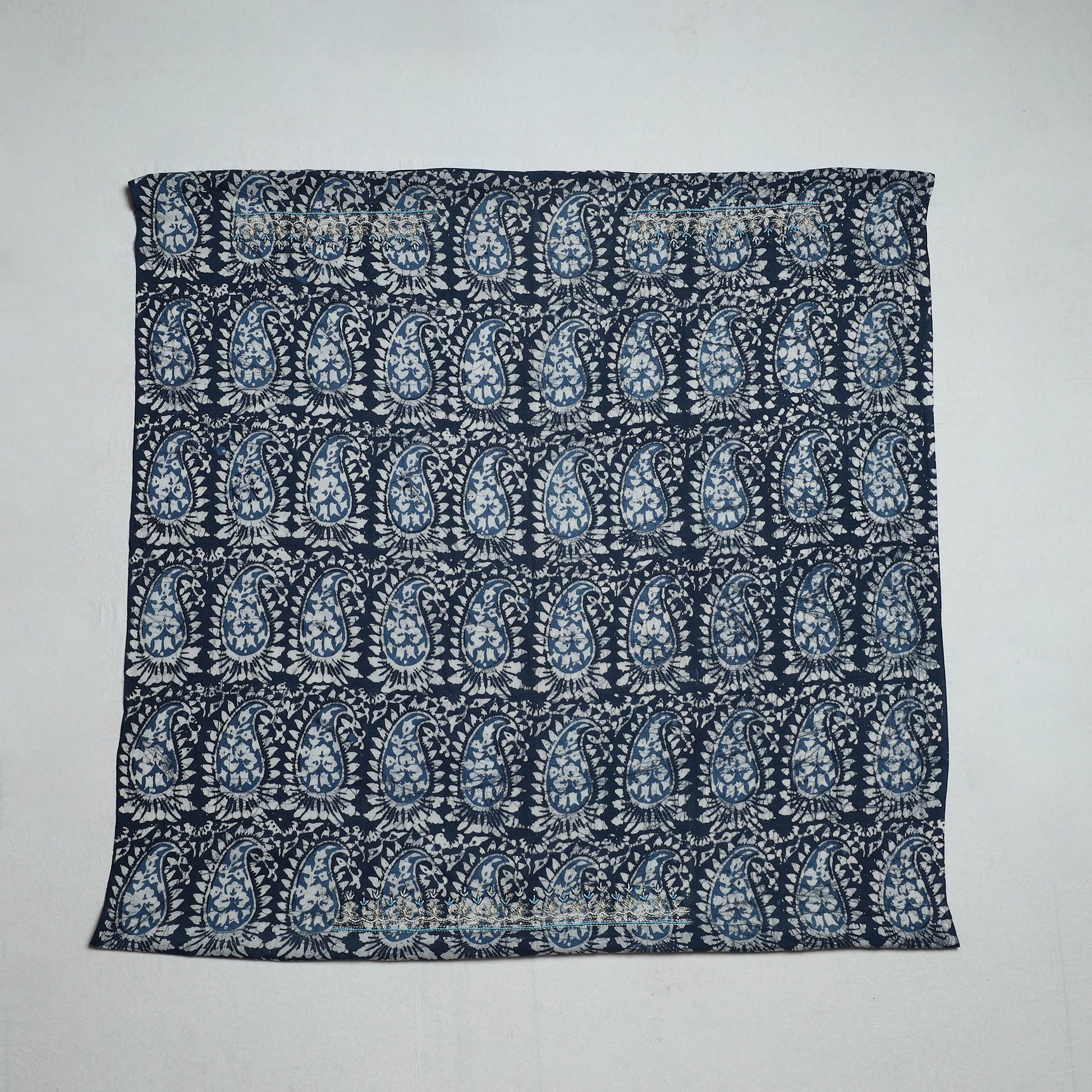Blue - Batik Printed Thread & Bead Work Hand Embroidery Cotton Blouse Piece