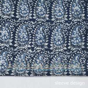 Blue - Batik Printed Thread & Bead Work Hand Embroidery Cotton Blouse Piece