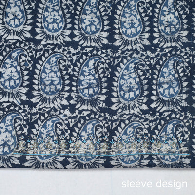 Blue - Batik Printed Thread & Bead Work Hand Embroidery Cotton Blouse Piece