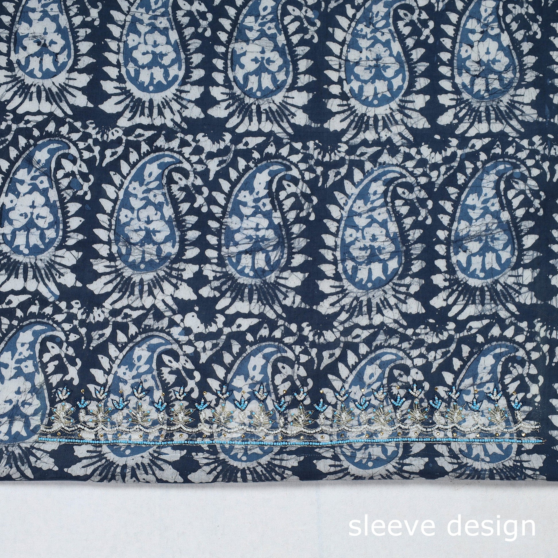 Blue - Batik Printed Thread & Bead Work Hand Embroidery Cotton Blouse Piece