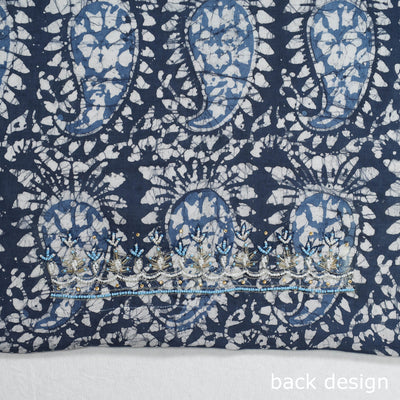 Blue - Batik Printed Thread & Bead Work Hand Embroidery Cotton Blouse Piece