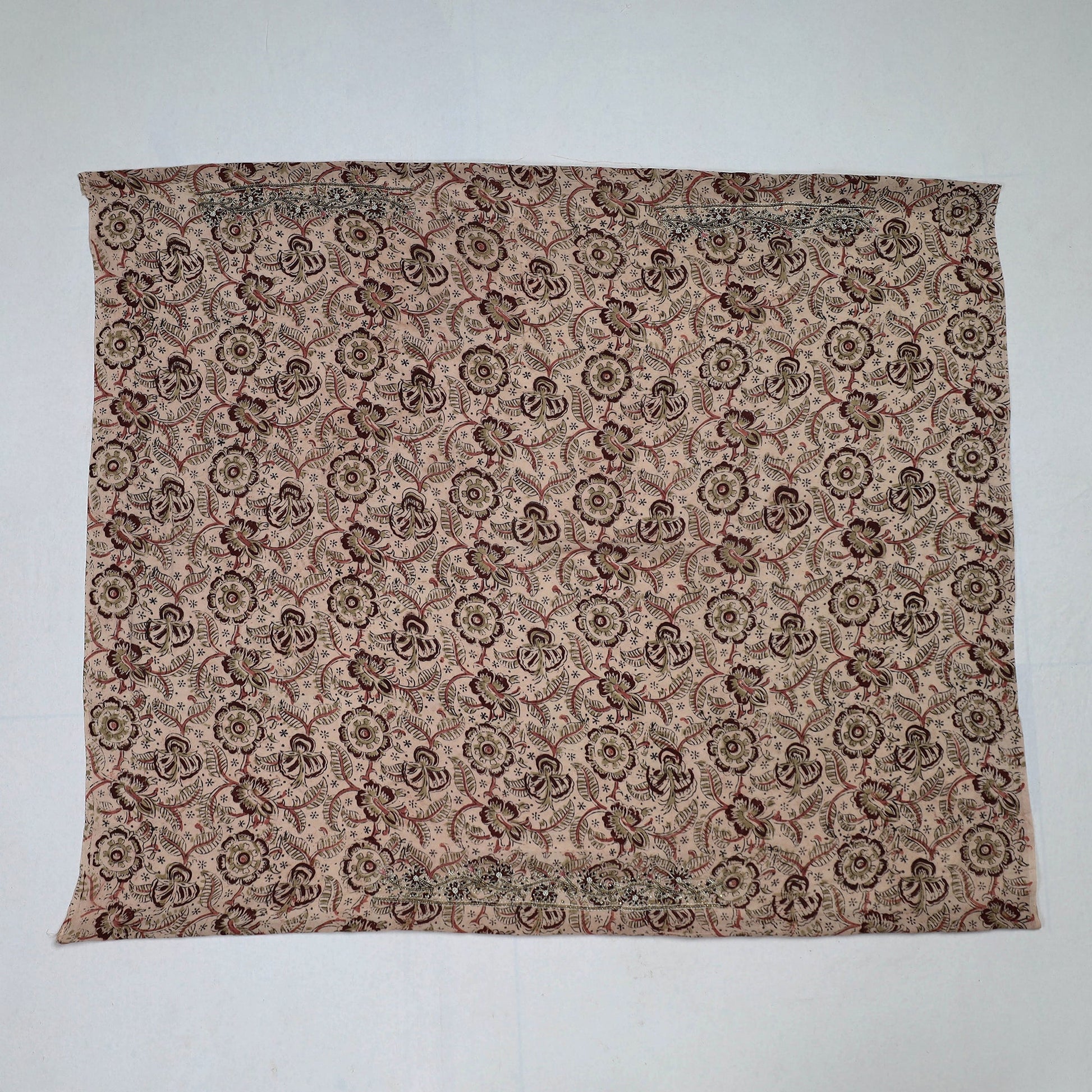 Beige - Kalamkari Block Printed Thread & Bead Work Hand Embroidery Cotton Blouse Piece