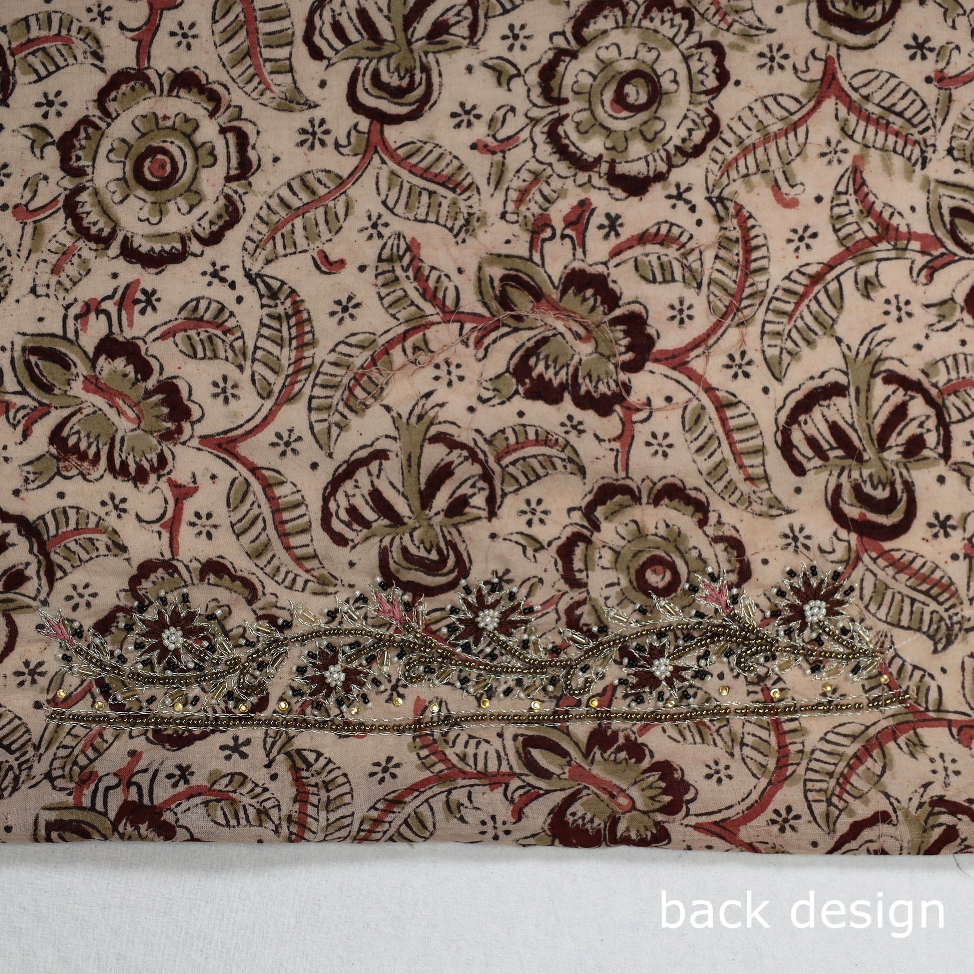 Beige - Kalamkari Block Printed Thread & Bead Work Hand Embroidery Cotton Blouse Piece