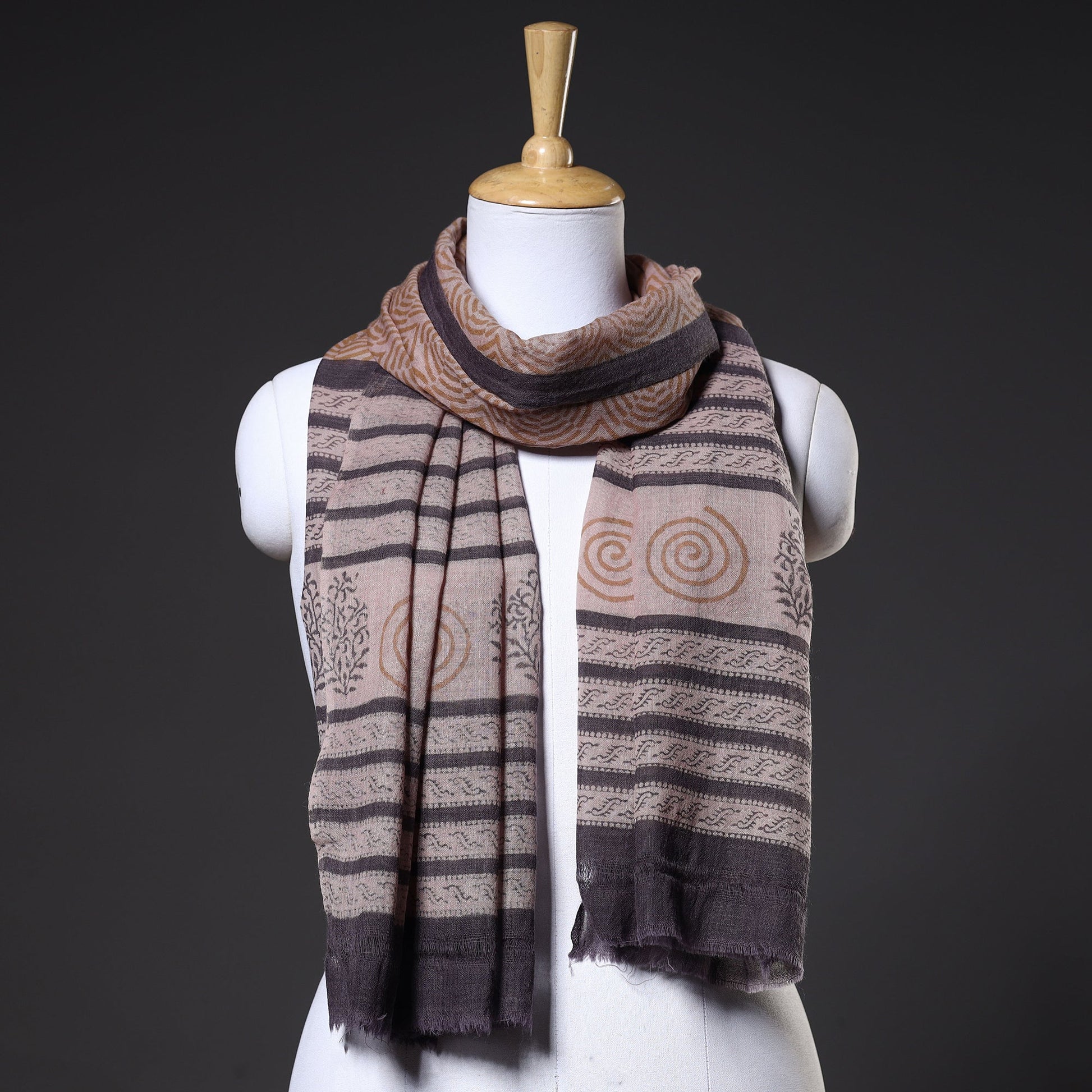Brown - Bagru Hand Block Printed Pure Wool Stole