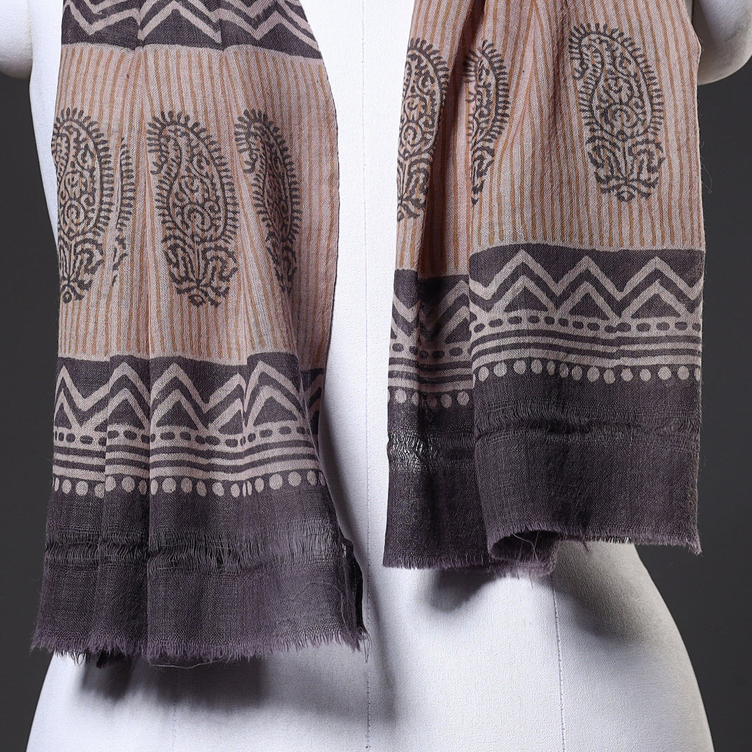 Brown - Bagru Hand Block Printed Pure Wool Stole