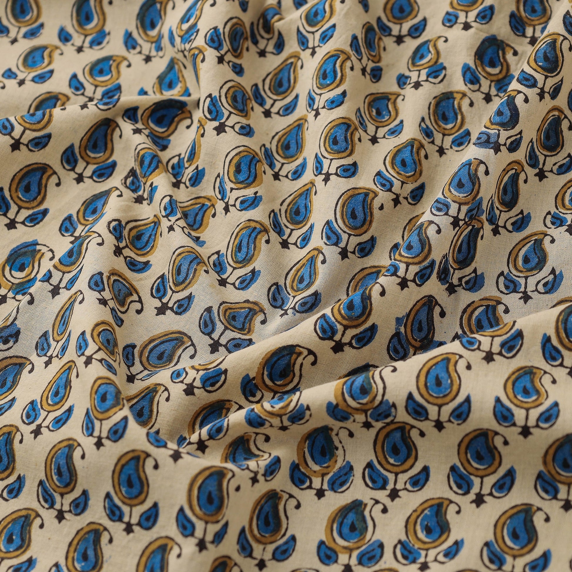 Beige - Paisley Design Ajrakh Hand Block Printed Cotton Fabric