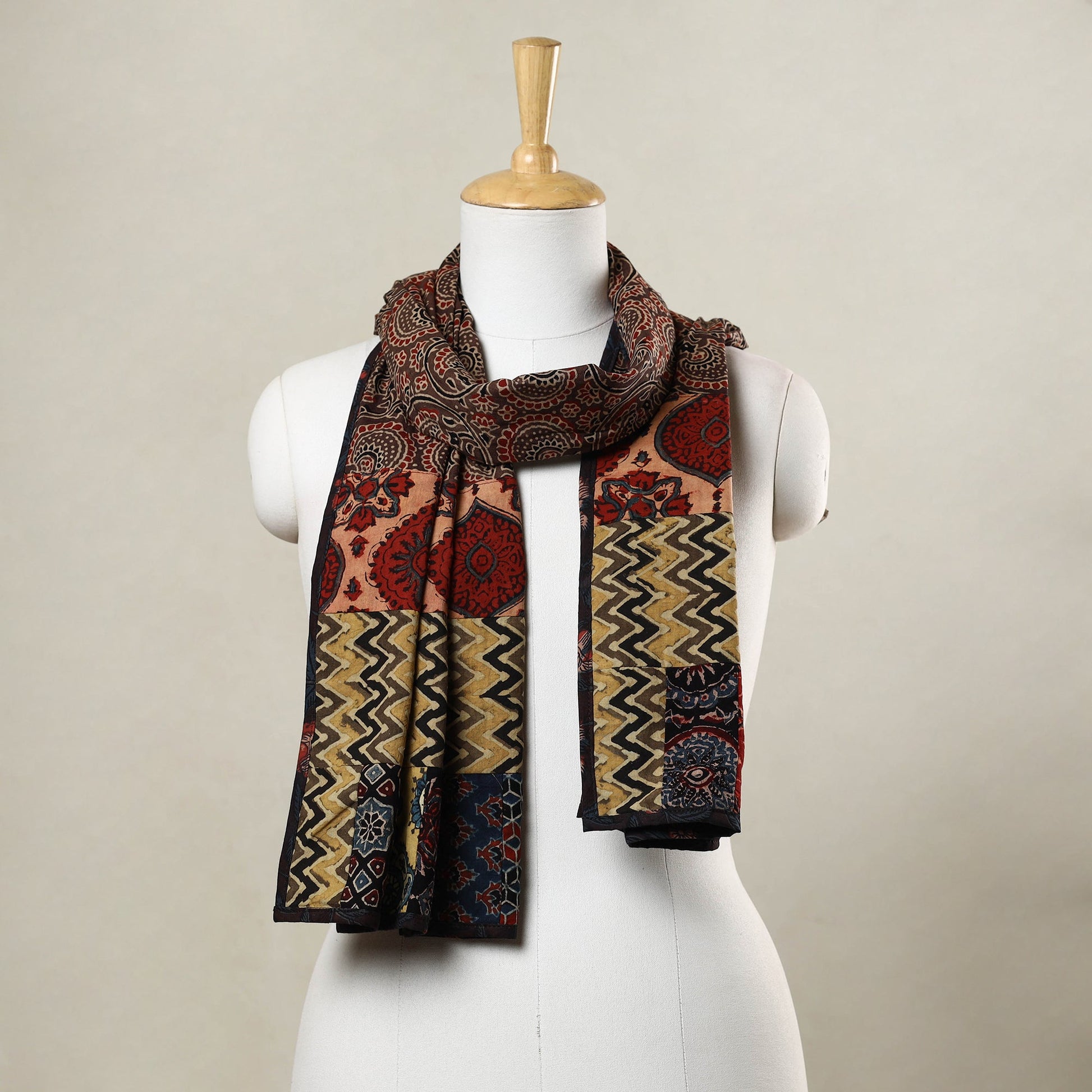 Brown - Ajrakh Block Printed Patchwork Cotton Stole
