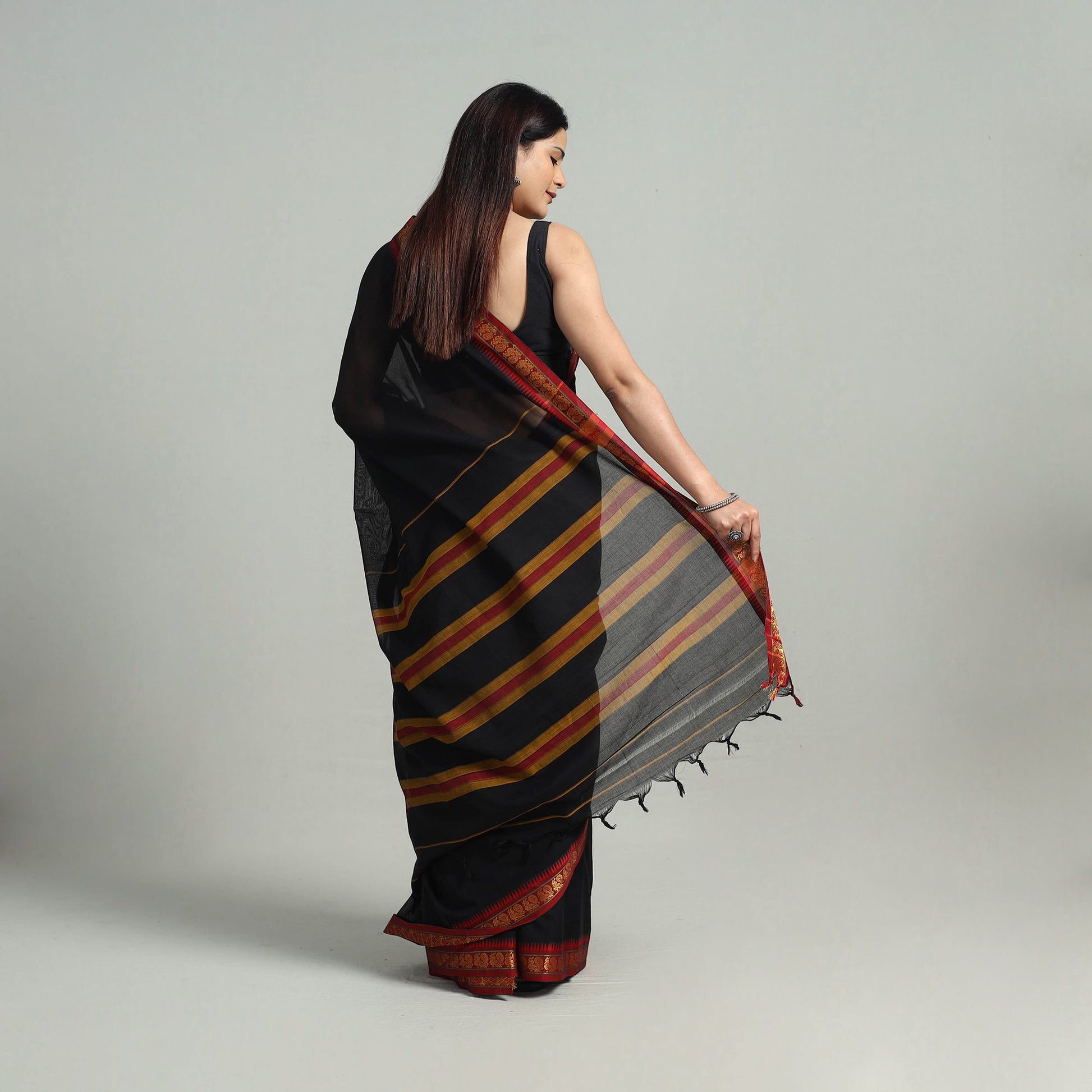 Black - Mercerised Cotton Zari Border Dharwad Saree 41