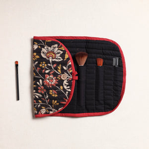 Black - Kalamkari Fabric Multipurpose Segmented Make-up Brush Wrap Pouch/Case