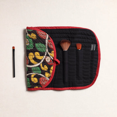 Black - Kalamkari Fabric Multipurpose Segmented Make-up Brush Wrap Pouch/Case