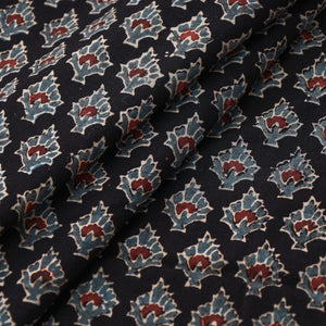 Black With Florids Ajrakh Block Printed Cotton Fabric