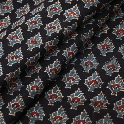 Black With Florids Ajrakh Block Printed Cotton Fabric