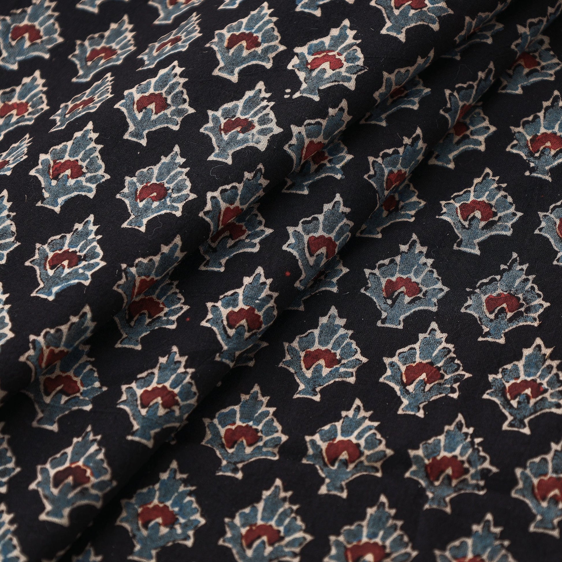 Black With Florids Ajrakh Block Printed Cotton Fabric