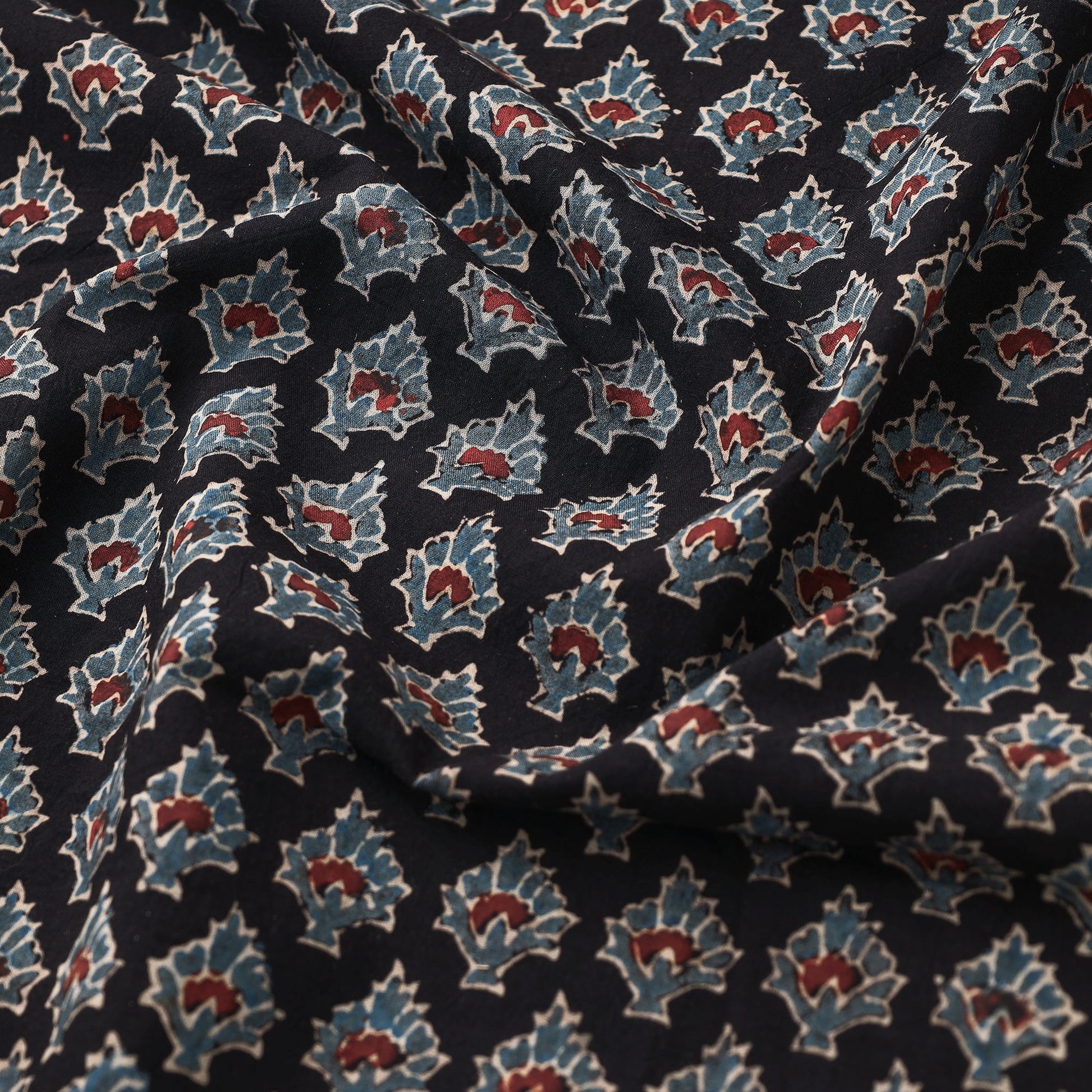 Black With Florids Ajrakh Block Printed Cotton Fabric