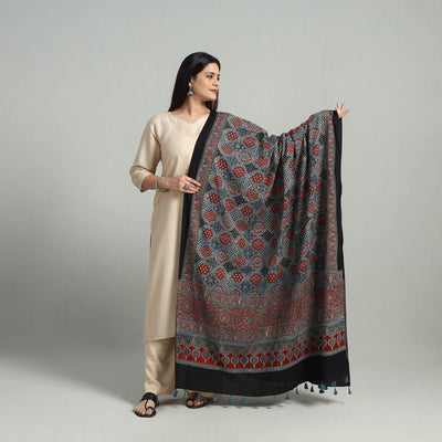 Blue - Hand Block Printed Cotton Ajrakh Dupatta 01