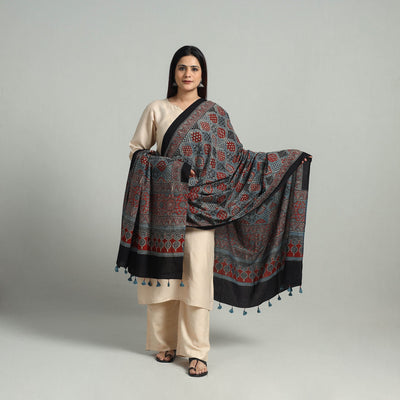Blue - Hand Block Printed Cotton Ajrakh Dupatta 01