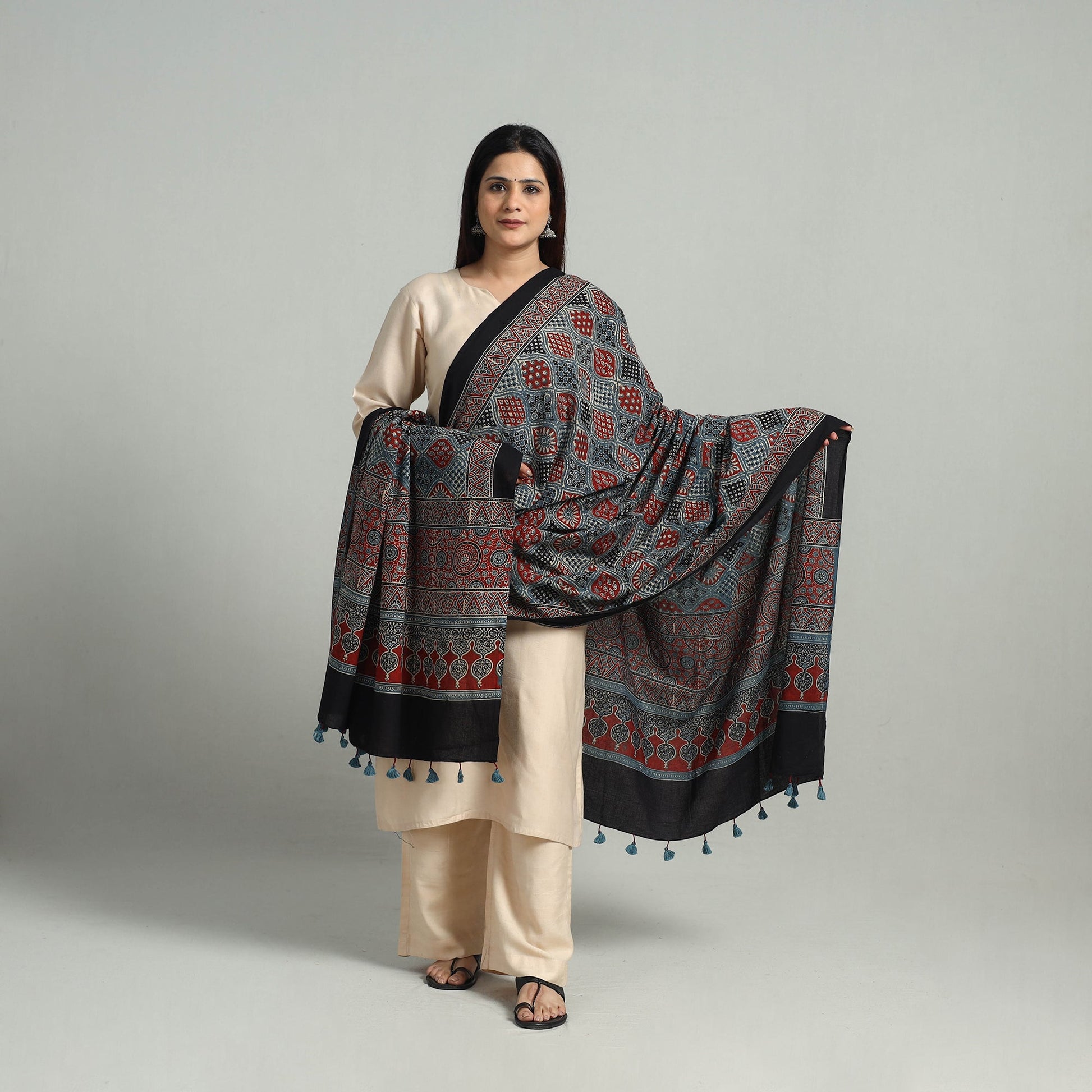 Blue - Hand Block Printed Cotton Ajrakh Dupatta 01