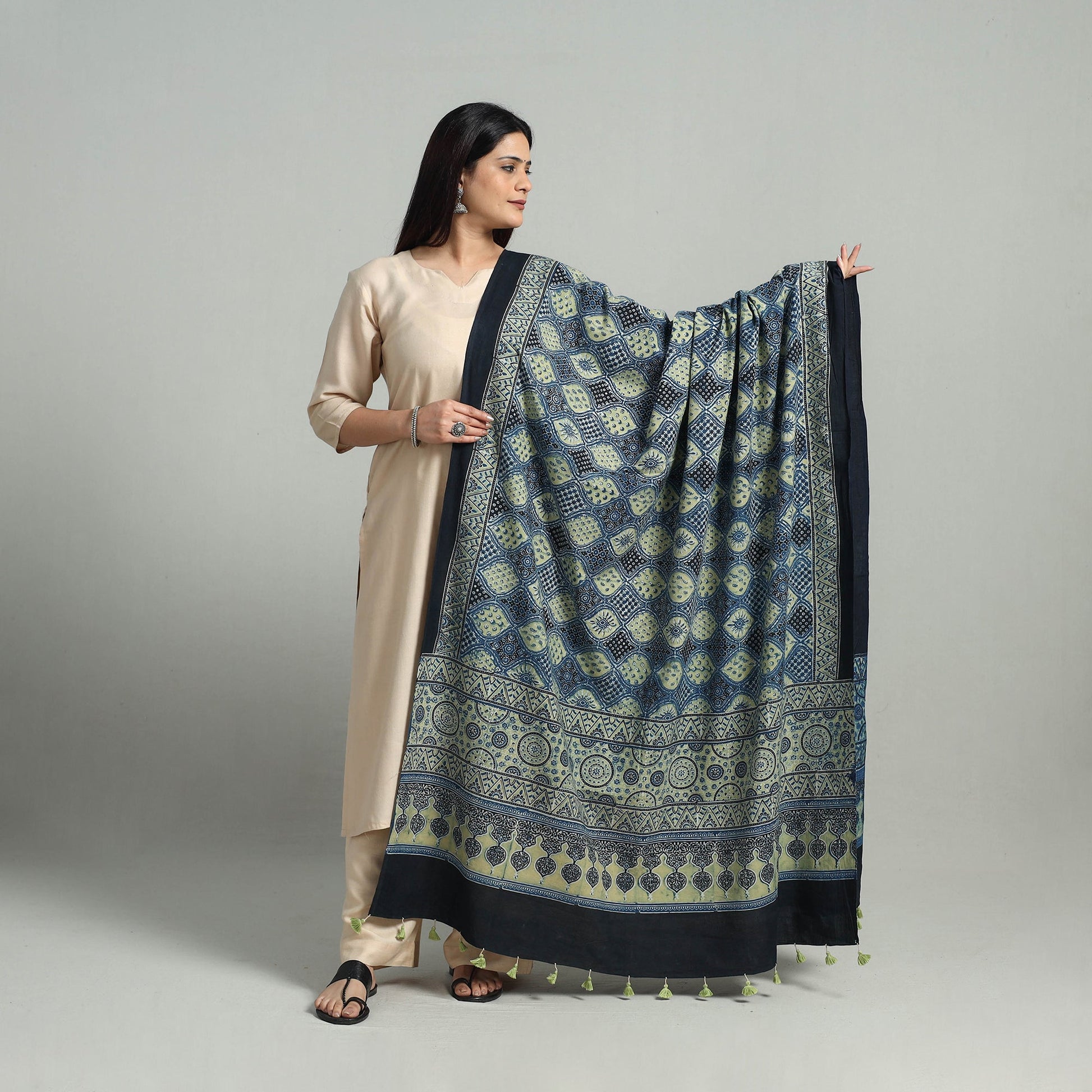 Blue - Hand Block Printed Cotton Ajrakh Dupatta 02