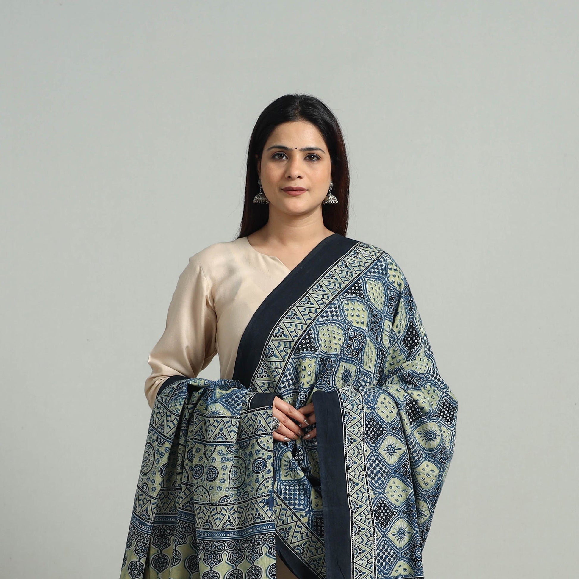 Blue - Hand Block Printed Cotton Ajrakh Dupatta 02