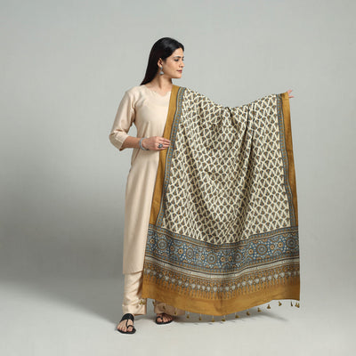 Beige - Hand Block Printed Cotton Ajrakh Dupatta 05