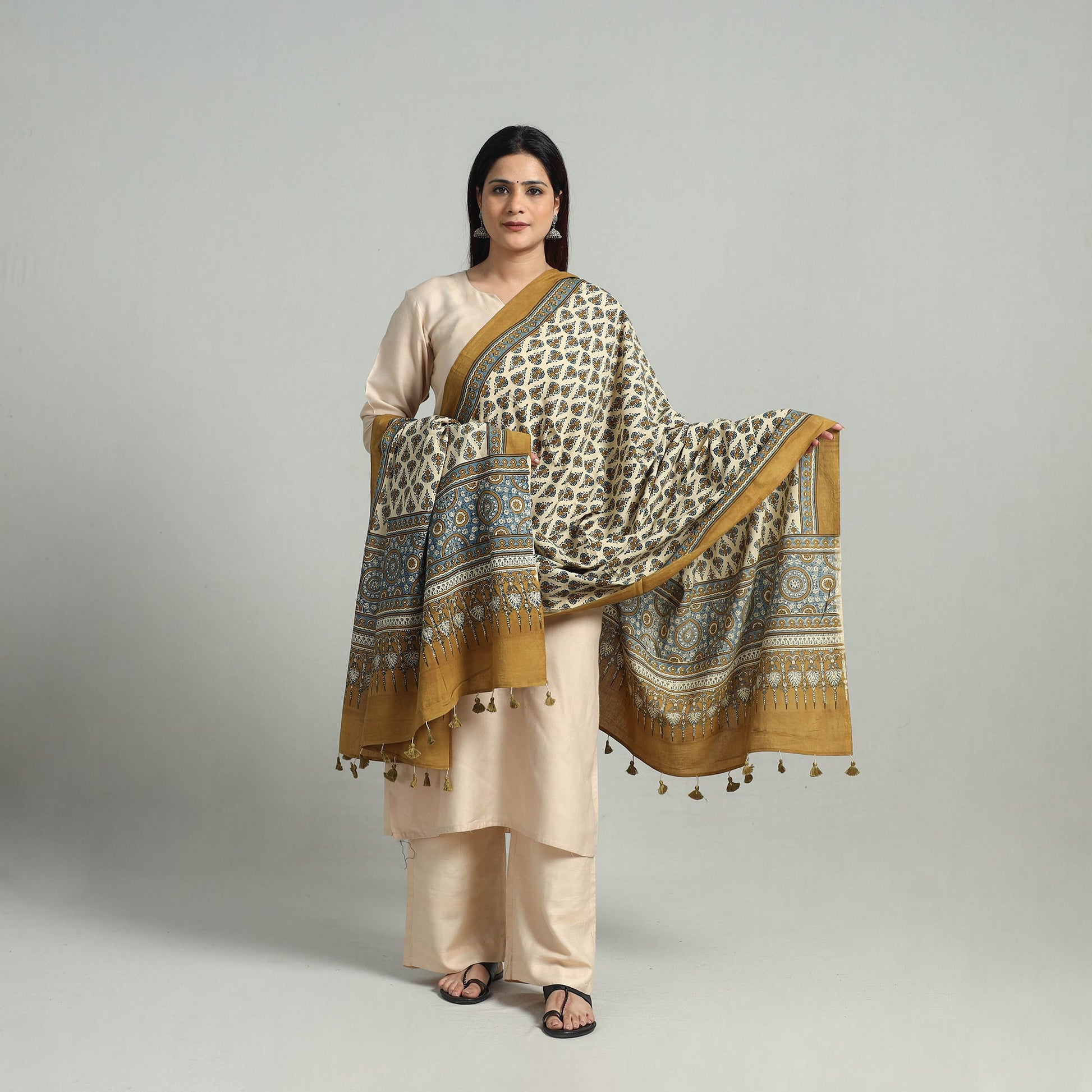 Beige - Hand Block Printed Cotton Ajrakh Dupatta 05