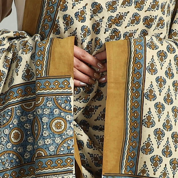 Beige - Hand Block Printed Cotton Ajrakh Dupatta 05