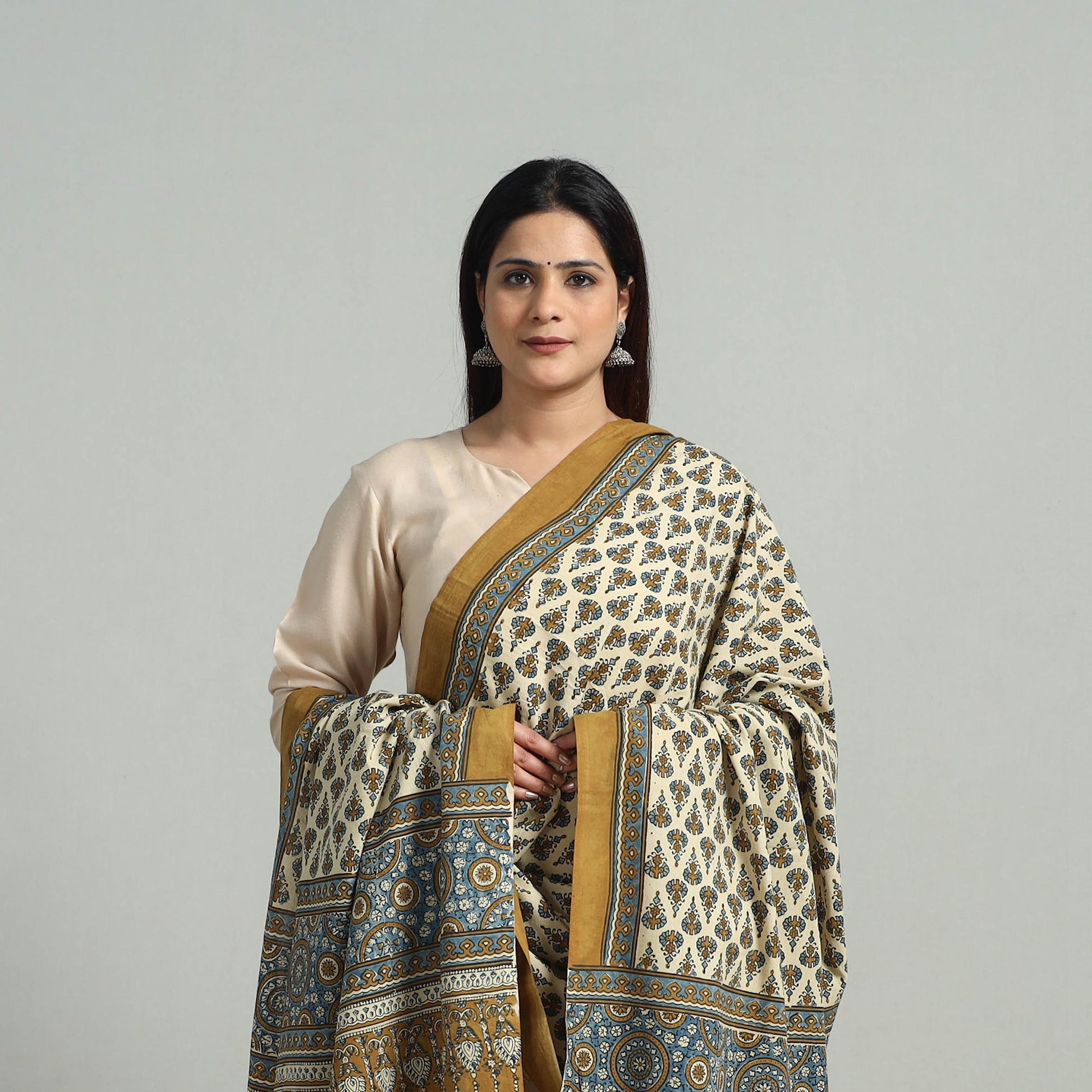 Beige - Hand Block Printed Cotton Ajrakh Dupatta 05