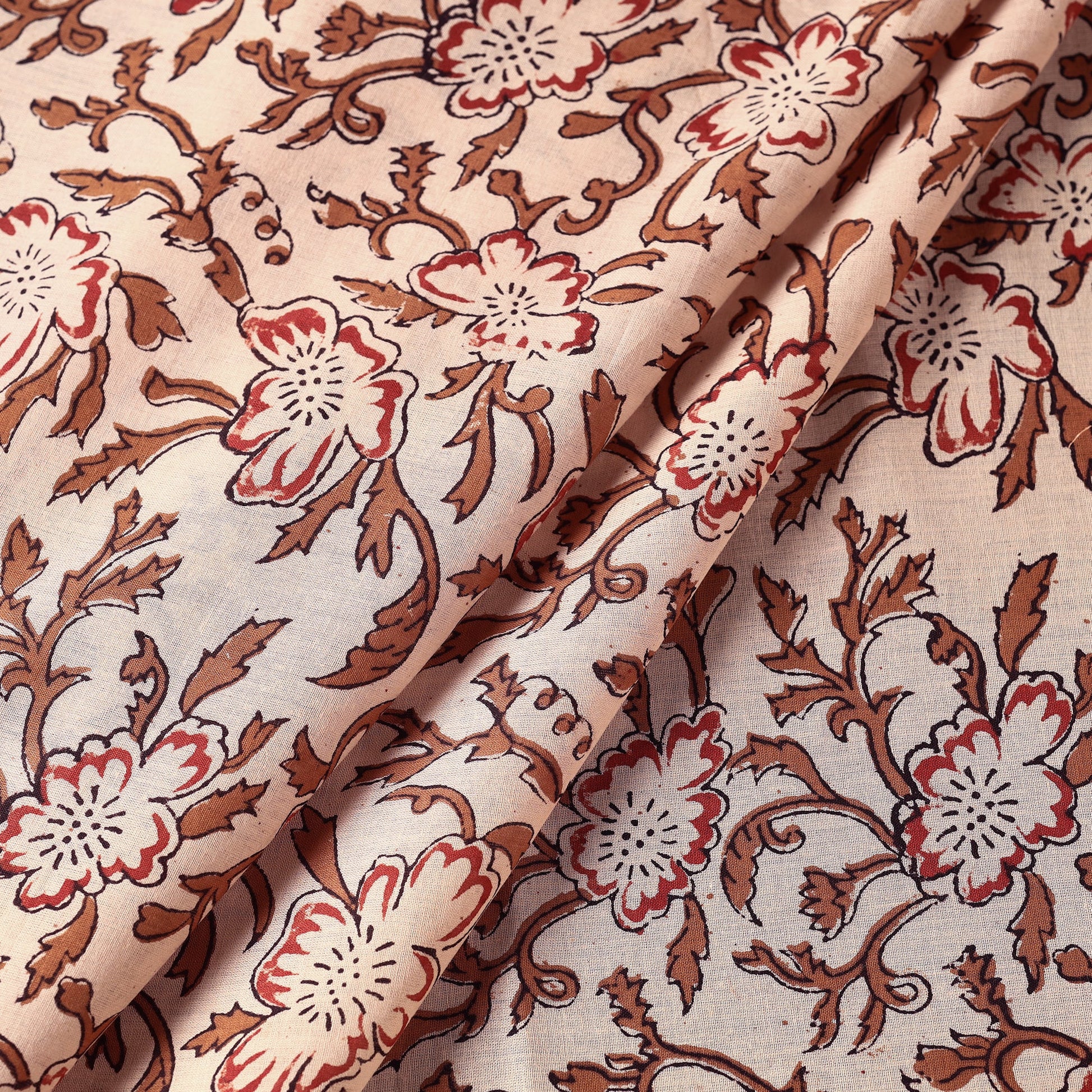 Beige - Sanganeri Block Printed Mul Cotton Fabric