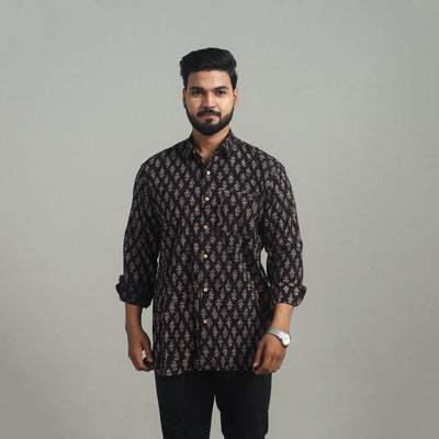 Black - Natural Dyed Cotton Men Ajrakh Print Shirt 03