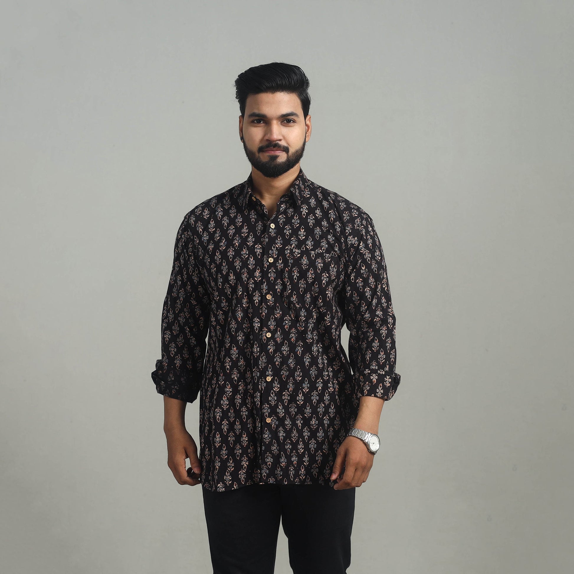 Black - Natural Dyed Cotton Men Ajrakh Print Shirt 03