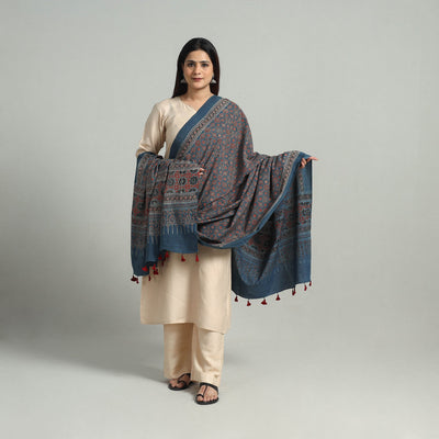 Blue - Hand Block Printed Cotton Ajrakh Dupatta 17
