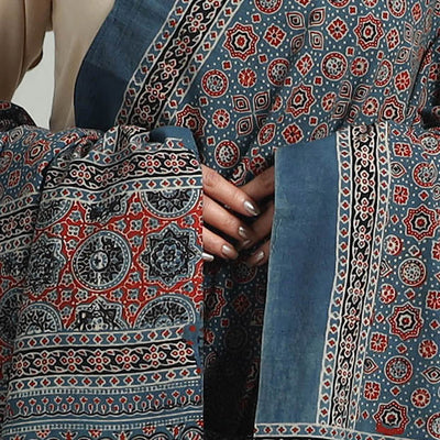 Blue - Hand Block Printed Cotton Ajrakh Dupatta 17