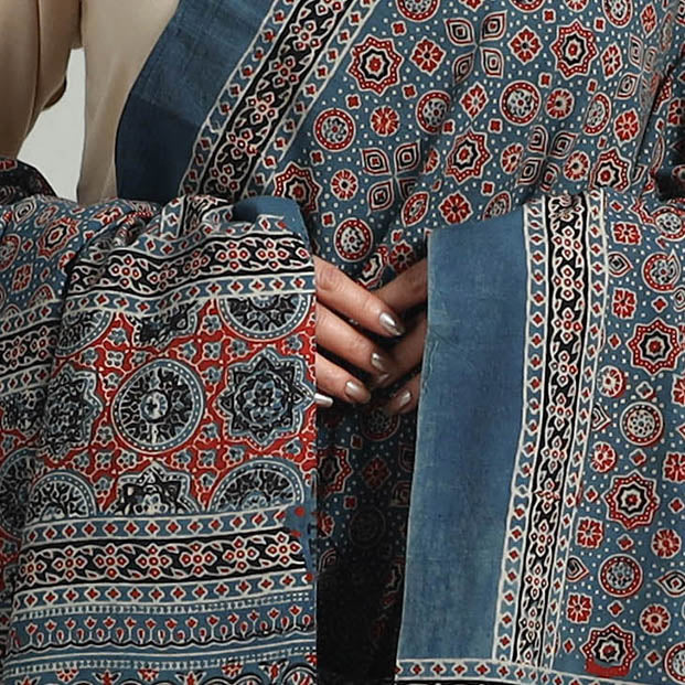 Blue - Hand Block Printed Cotton Ajrakh Dupatta 17