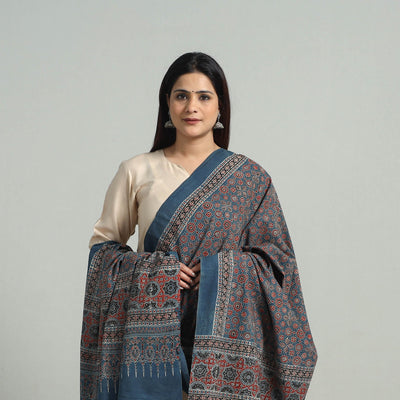 Blue - Hand Block Printed Cotton Ajrakh Dupatta 17