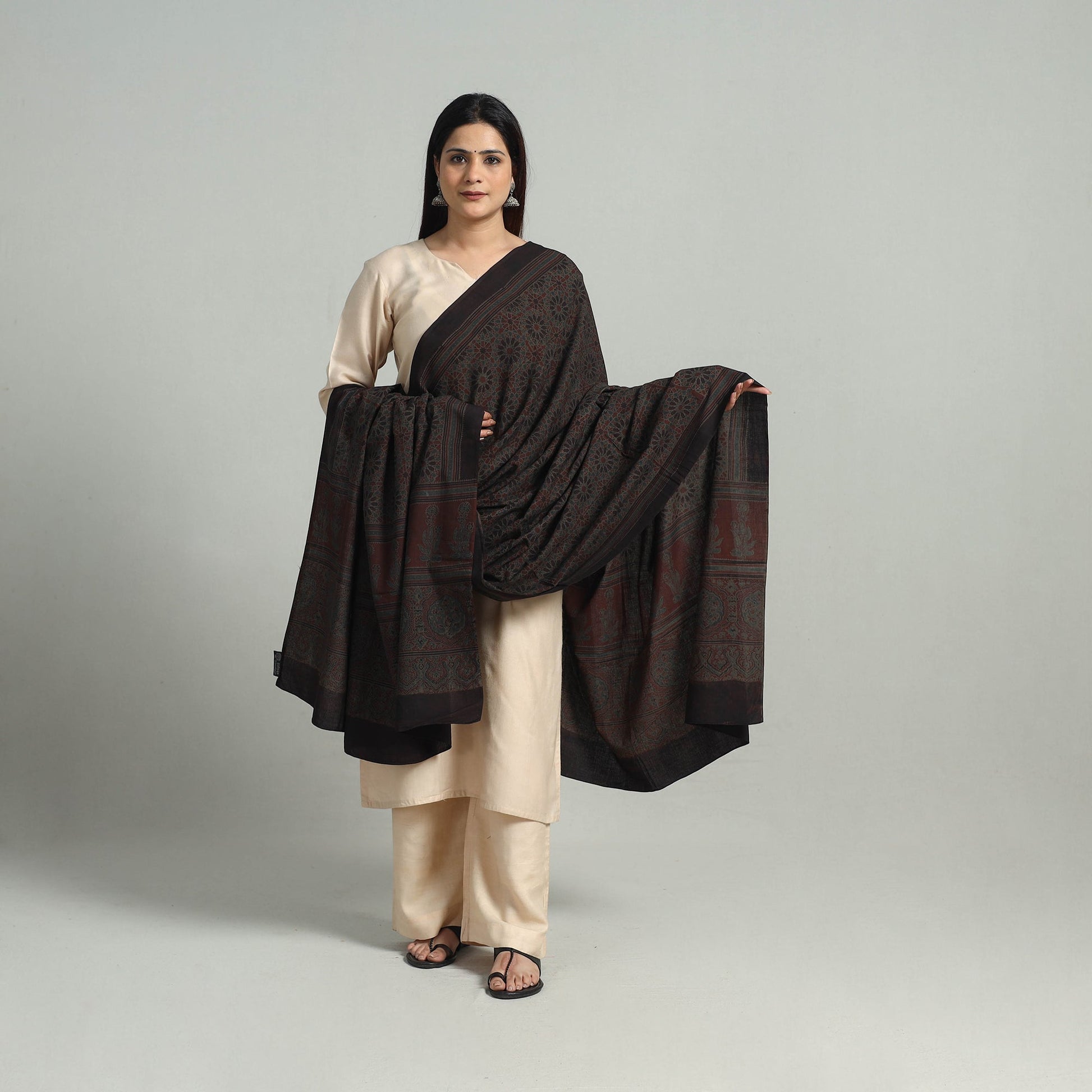Black - Hand Block Printed Cotton Ajrakh Dupatta 19