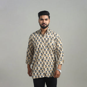 Beige - Natural Dyed Cotton Men Ajrakh Print Shirt 04