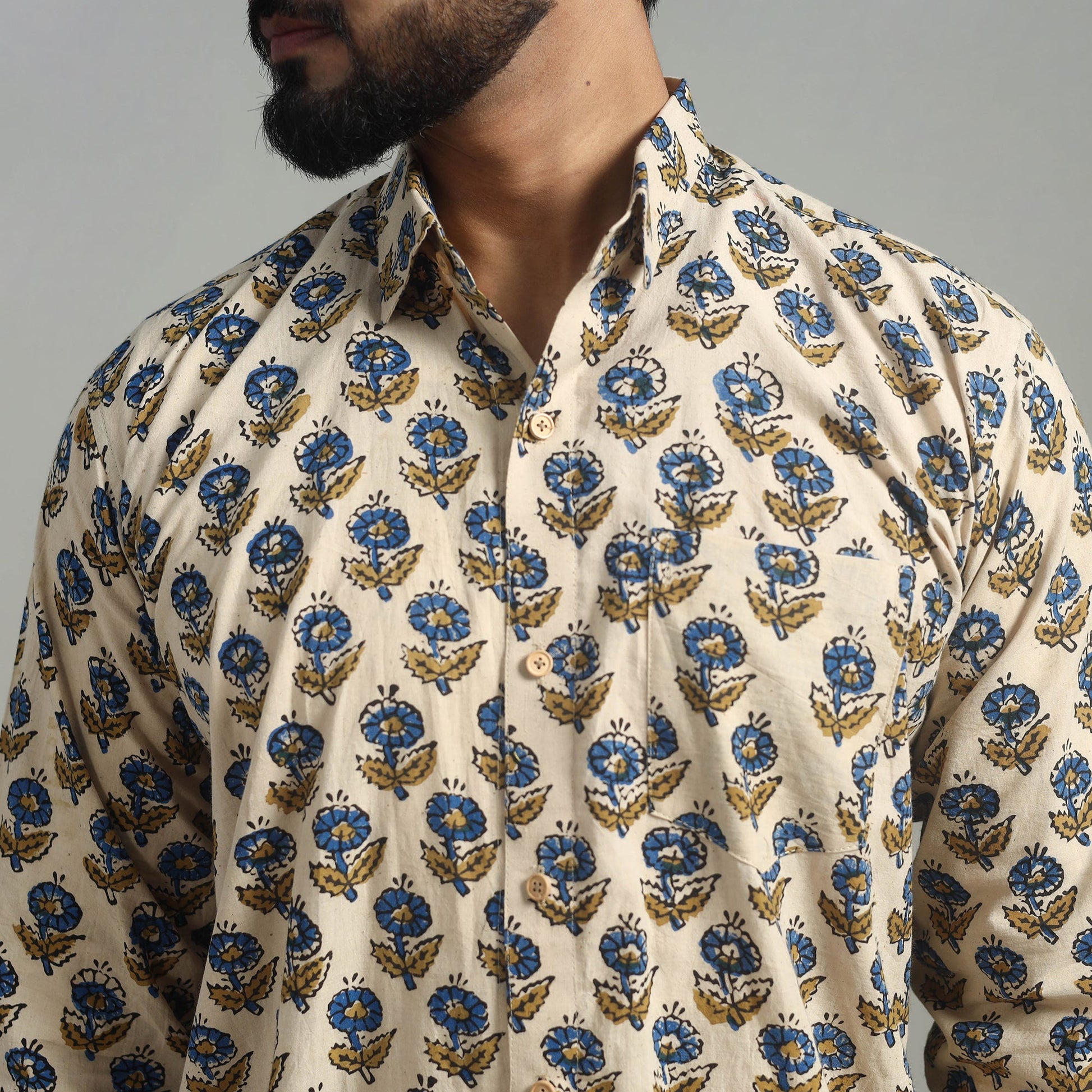 Beige - Natural Dyed Cotton Men Ajrakh Print Shirt 04