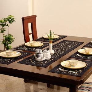 Black - Applique Cut Work Table Runner with Table Mat Set 05