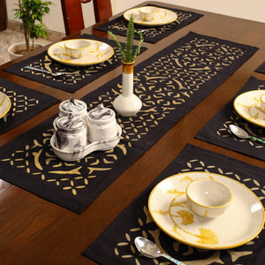 Black - Applique Cut Work Table Runner with Table Mat Set 05